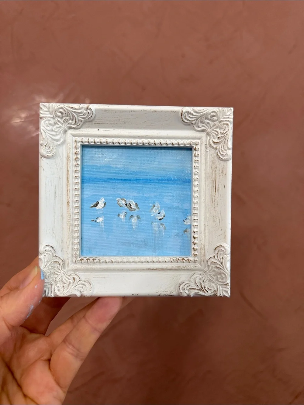 White Ornate Mini Frame Wall Art - Coastal Blue Snowpoulers Painting